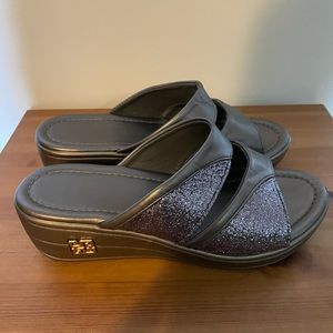 Almost new, size 6 dark silver slides.